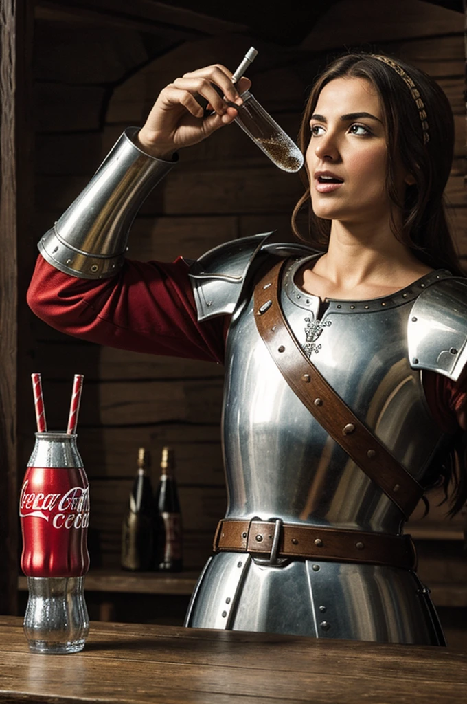 A medieval warrior drinking a coke 
