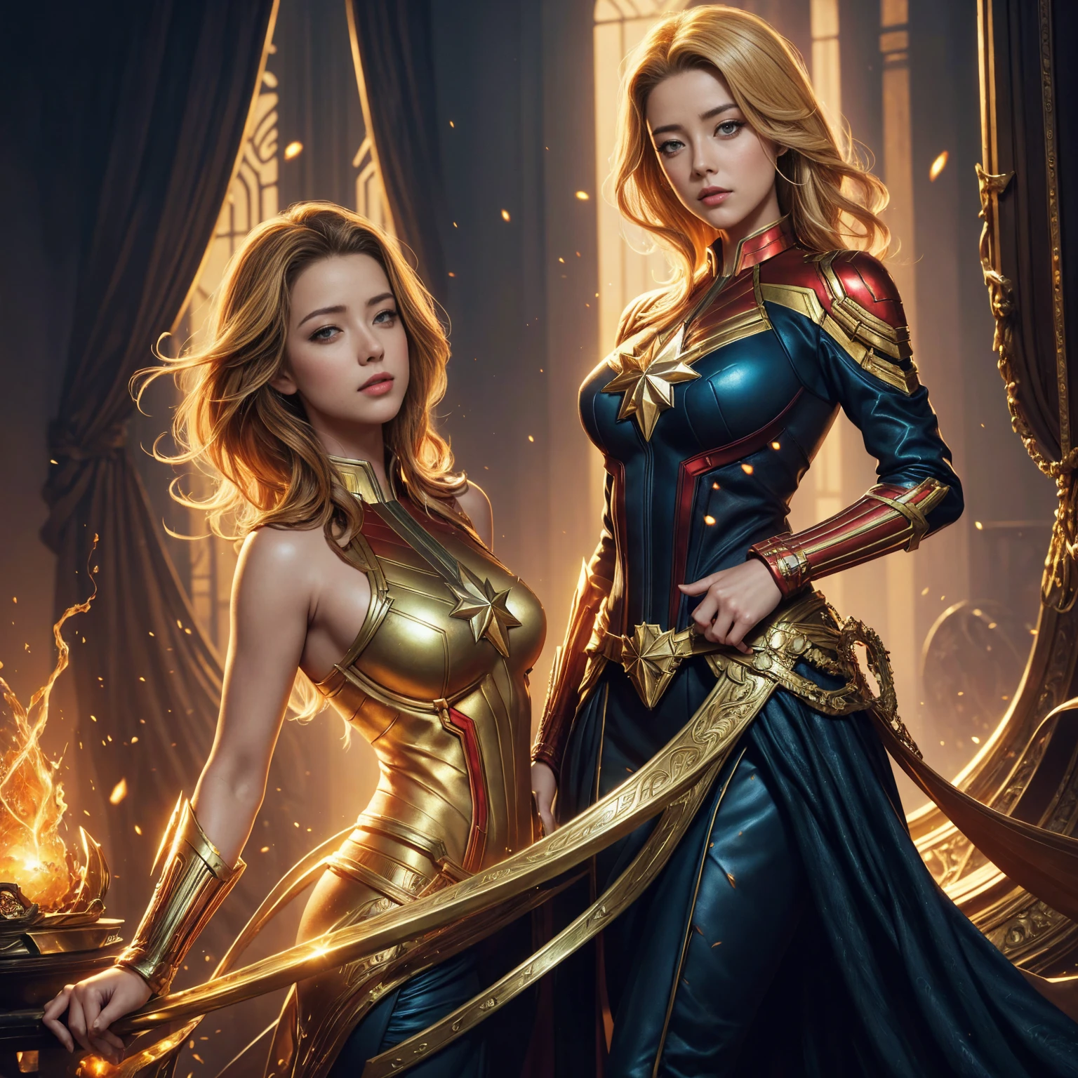 AMBER HEARD in a captain marvel dress with a tiable and gold jewelry, karol bak uhd, 8k high quality detailed art, detailed fantasy art, 4k fantasy art, fantasy art style, beautiful alluring anime woman, detailed fantasy digital art, beautiful fantasy art, hd fantasy art, fantasy style art, 4 k detail fantasy, beautiful detailed fantasy
