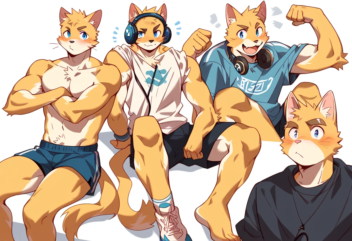 score_9, score_8_up, score_7_up, male, furry, high quality, hires, anthro, teenager, 16 years old, domestic cat, bright yellow fur, blue eyes, wide brown eyebrows, an excited expression, humanoid feet, slim body, prominent v-line, prominent abs, prominent legs, prominent forearm, prominent knees, white background, treasure trail, armpit hair, furry legs, headphones, casual clothes, joggers, shorts, showing off, sitting, patting his abdomen, flexing, in various poses
