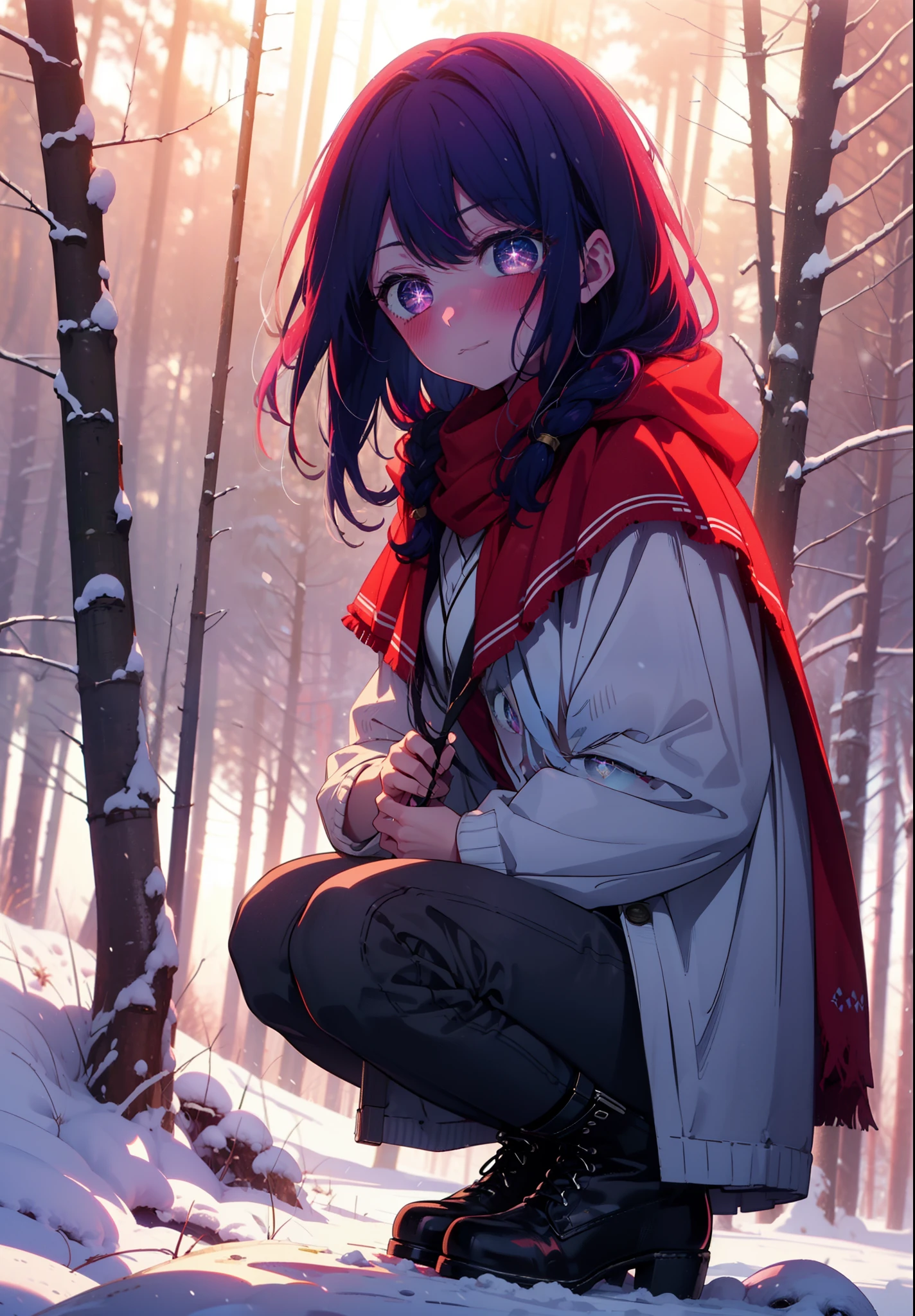aihoshino, Ai Hoshino, Long Hair, bangs, (Purple eyes:1.1), Purple Hair, (Symbol-shaped pupil:1.5), smile,,smile,blush,White Breath,
Open your mouth,snow,Ground bonfire, Outdoor, boots, snowing, From the side, wood, suitcase, Cape, Blurred, , forest, White handbag, nature,  Squat, Mouth closed, Cape, winter, Written boundary depth, Black shoes, red Cape break looking at viewer, Upper Body, whole body, break Outdoor, forest, nature, break (masterpiece:1.2), Highest quality, High resolution, unity 8k wallpaper, (shape:0.8), (Beautiful and beautiful eyes:1.6), Highly detailed face, Perfect lighting, Extremely detailed CG, (Perfect hands, Perfect Anatomy),