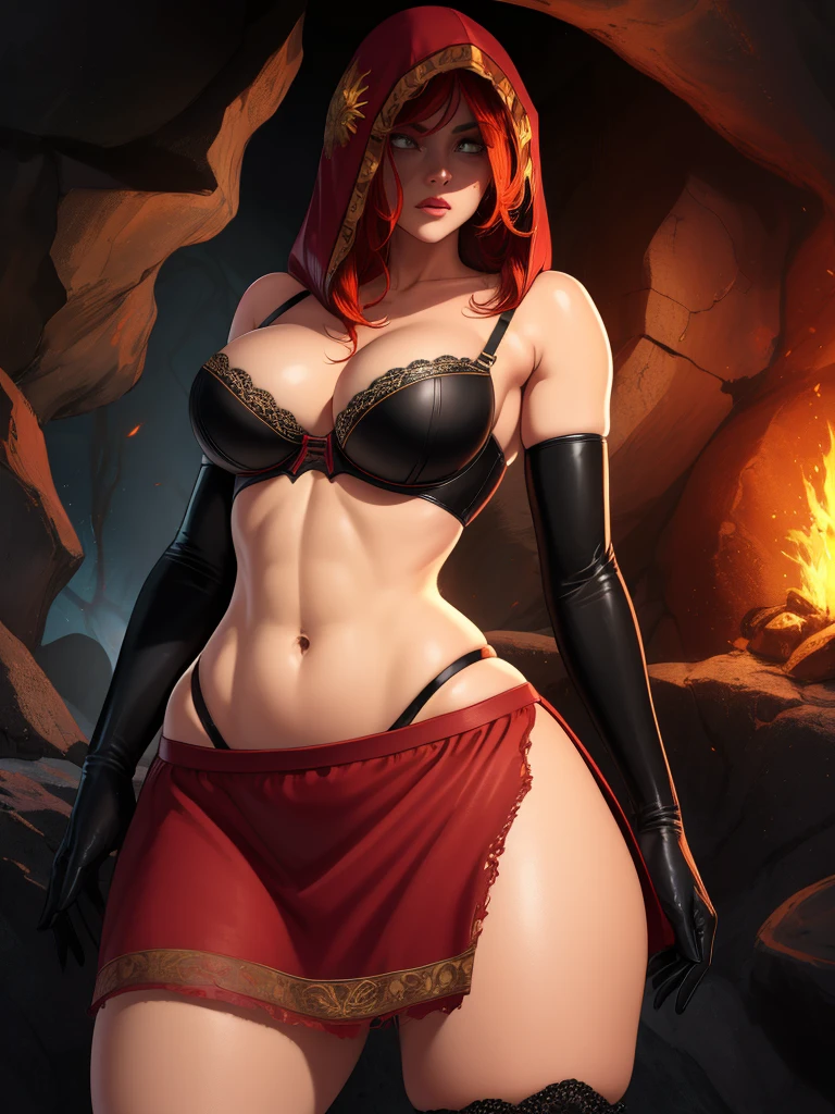 Dsorceress, redhair, shadowy face,dark cave, fire, hood, shadowed face, strapless bra, slim and athletic body, miniskirt, no panty, elbow gloves, dark skin, 1 girl (insanely detailed, masterpiece, best quality)