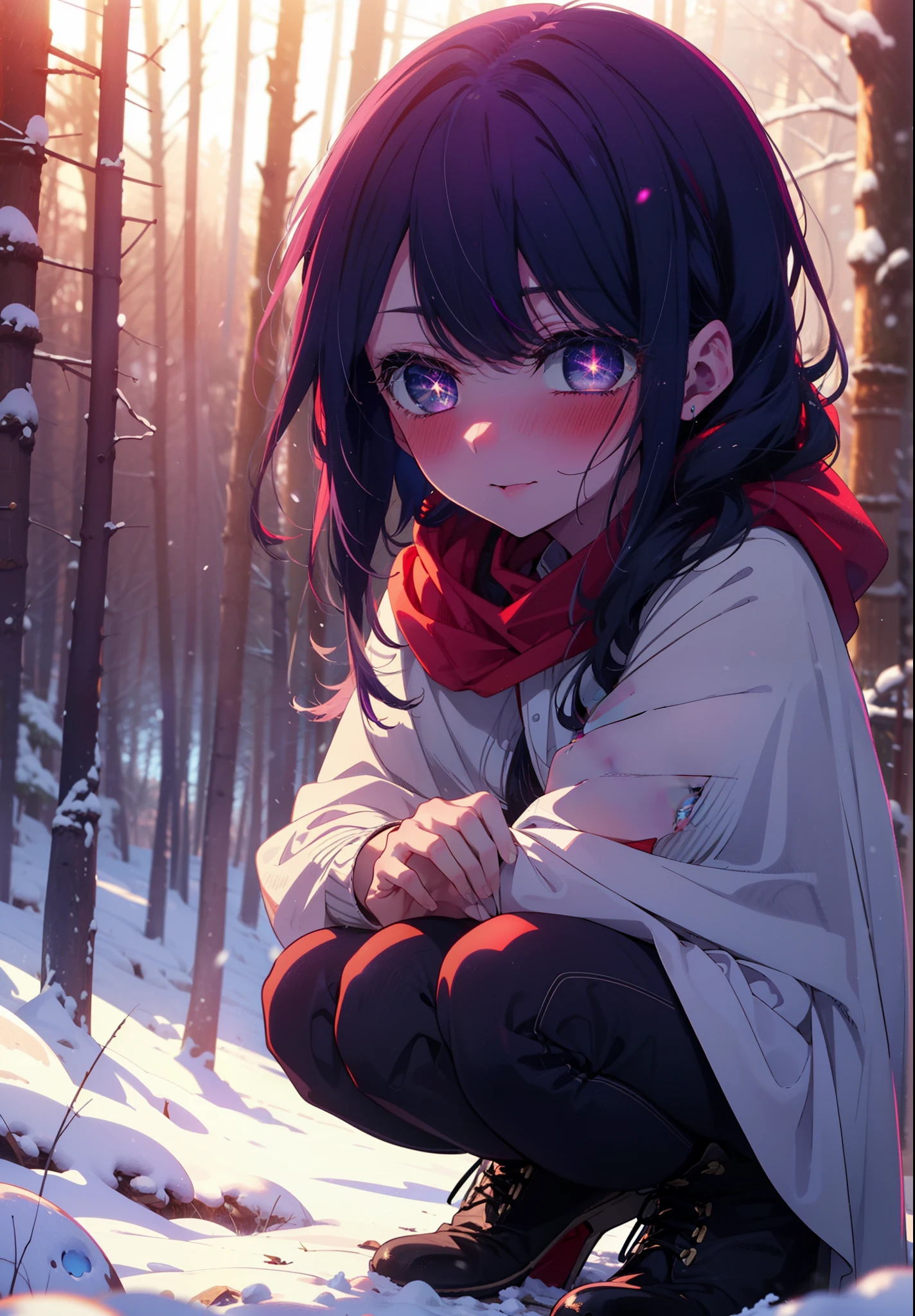 aihoshino, Ai Hoshino, Long Hair, bangs, (Purple eyes:1.1), Purple Hair, (Symbol-shaped pupil:1.5), smile,,smile,blush,White Breath,
Open your mouth,snow,Ground bonfire, Outdoor, boots, snowing, From the side, wood, suitcase, Cape, Blurred, , forest, White handbag, nature, Squat, Mouth closed, Cape, winter, Written boundary depth, Black shoes, red Cape break looking at viewer, Upper Body, whole body, break Outdoor, forest, nature, break (masterpiece:1.2), Highest quality, High resolution, unity 8k wallpaper, (shape:0.8), (Beautiful and beautiful eyes:1.6), Highly detailed face, Perfect lighting, Extremely detailed CG, (Perfect hands, Perfect Anatomy),