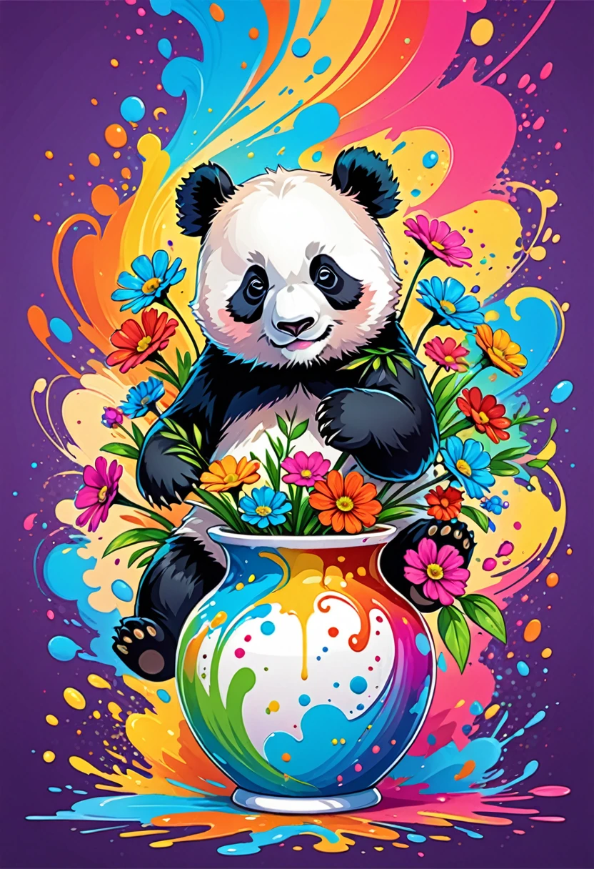 vectorial art, Colorful illustration with a cute panda, At the center, swirly vibrant colors, paint splashes and smears, high détail,Background with flower vase