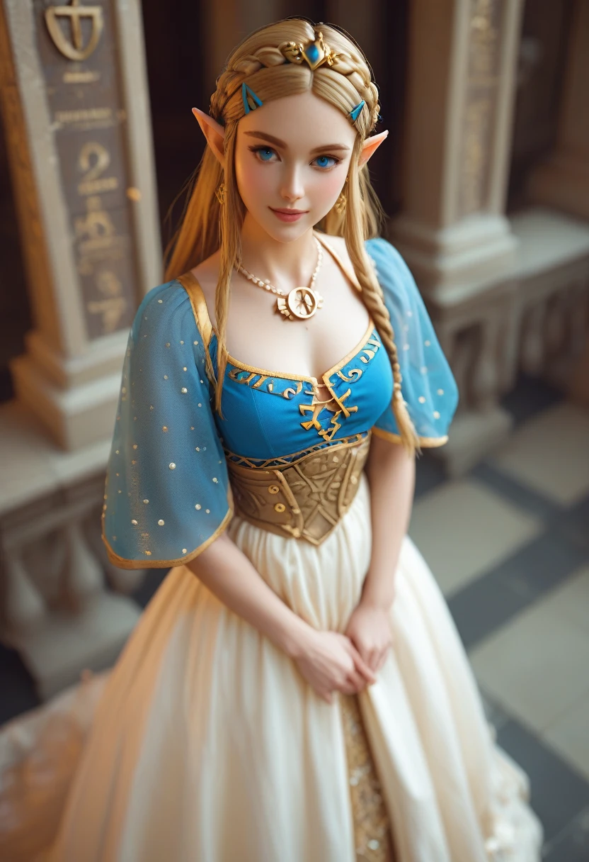 punctuation_9, punctuation_8_High above, punctuation_7_High above, In the middle of a grand royal ball, Princess Zelda "A Lenda de Zelda" series captivates the environment with its grace and intelligence. Dressed in a royal dress, she discusses ancient strategies and knowledge with diplomats, her leadership and wisdom make her a magnetic figure in a kingdom full of intrigue.