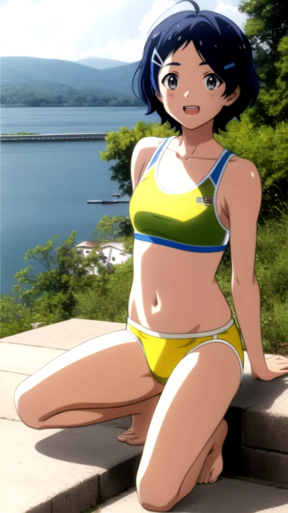 Ai ohto [wonder egg priority], short hair, hairclip,yellow bikini , sports bra, smile, barefoot ,lake