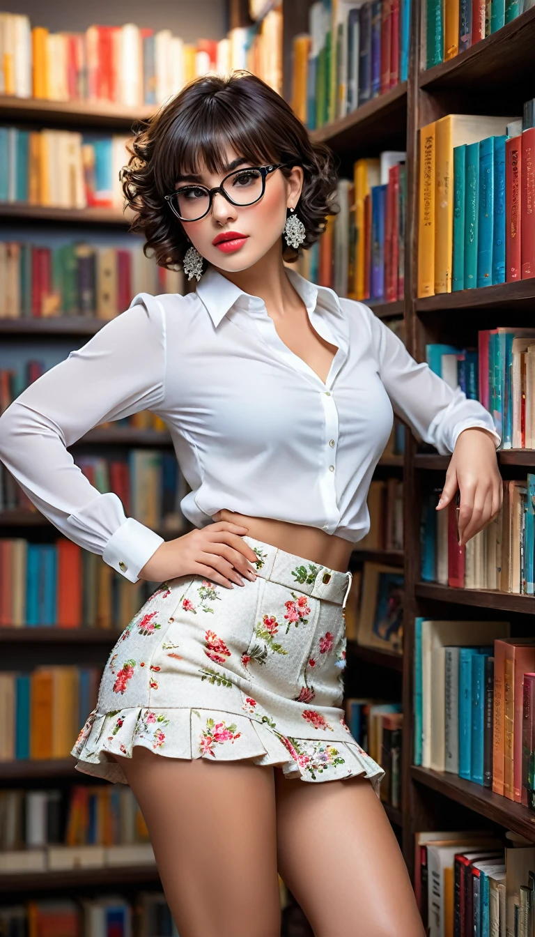 (((beautiful beautiful Isabela Merced, posing for uploadss, looking sexy, ruffled lips, Cabelo curto e curly, extremely pretty eyes))), ((wearing floral silver necklace)), realistic uploadsgraph, highy detailed, Foco do pointed, (Main lighting), (indoor bookstore environment), artwork, extremely pretty, Perfect beauty, (perfect shape body, Broad Hips, small waist, thick-thighs, firm abs, Body cute, knees, knees, focus on the knees, breasts small), cabelo curto com franja, short hair with bangs covering the forehead, cabelo curto com franja ((((short hair with bangs covering the forehead)))), ((30 years old)), (extremely detaild 8k wallpaper), ((face detailed)), (((wearing  white shirt, saia curta de tweed, knees, knees, stitched nylons, Strad sandals)), (long dark eyelashes), (((earrings))), ((())), (((seen from behind))), (looking at the camera), ((())), (glamor model), (seductive facial expression) (((standing between high shelves full of books))), extremely detaild, artwork, Intricate details, highy detailed, Foco do pointed, skin detailed, realistic skin texture, texture, detailedeyes, high resolution, kodak vision color, uploads_\(ultra\), Post-processing, maximum detail, roughness, real-life, ultra realistic, uploadsrealism, uploadsgraphy, absurderes, RAW uploads, highest quallity, high detail RAW color uploads, professional uploads, extremely detaild UHD 8k wallpaper unit, best quality, high resolution, (artwork, maximum quality, high resolution:1.4), uploads, cinematic, Film grain, pointed, soft natural light, magic uploadsgraphy, super verbose, ((whole body: legs 1.3)), librarian glasses, nerd glasses,  ((pleated miniskirt: miniskirt 1.3))