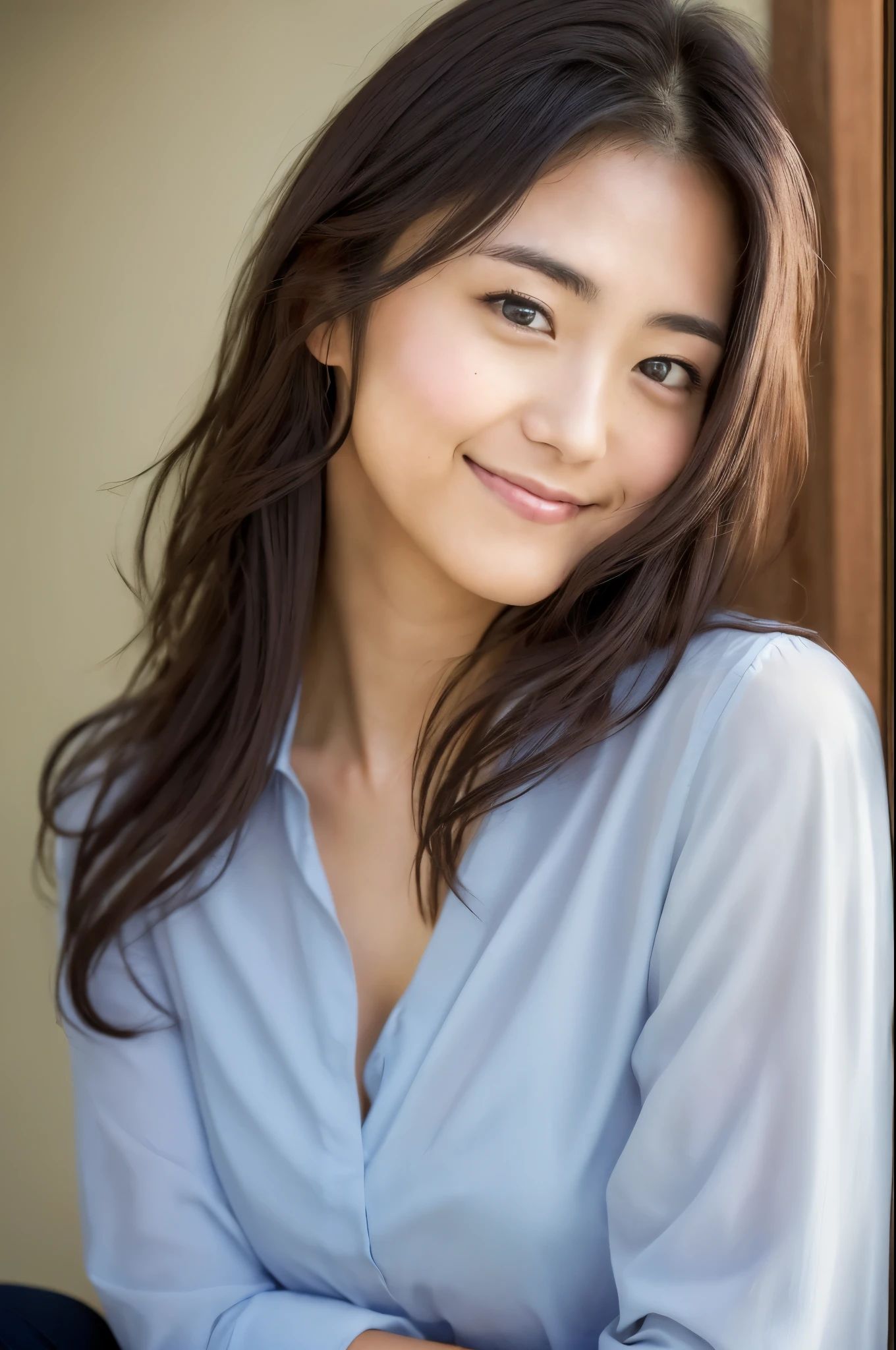 (((One girl,alone))),(Highly realistic photos, High resolution, Detailed face, Beautiful Eyes) Japanese women, 21 years old, Cute face, alone:1, Nice body, Medium chest, ,Hairstyle,  Take a photo book,Dark Sky、shirt、Healthy Body,smile,Thighine Fujiko