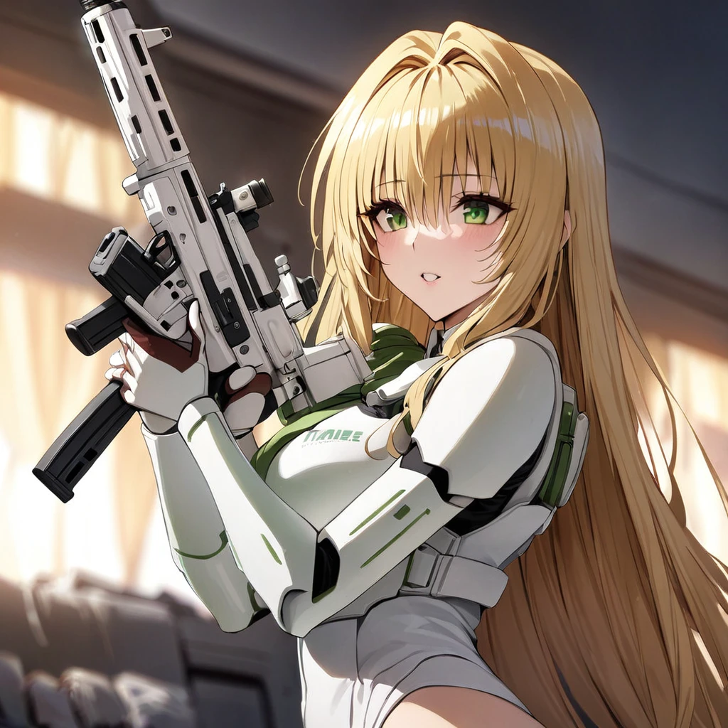((Highest quality)), ((masterpiece)), (detailed), (Perfect Face)、The woman is Tiare, a beautiful Stormtrooper with green eyes and medium-long blonde hair, carrying an assault rifle-type blaster.