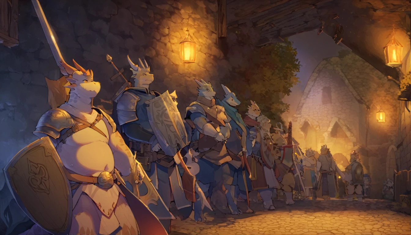 Dragon, male, furry anime,fat, chubby,perfect body, detailed face,paladin,wearing Medieval adventure equipment ,A heavy greatsword on the back, Holding a large shield , medieval times, village,anthro,doujin,yaoi,fantasy world ,isekai, adventure,boukensha, masterpiece, Sinematic lighting,accurate, extremely detailed,artstation artwork,by quanjiang 