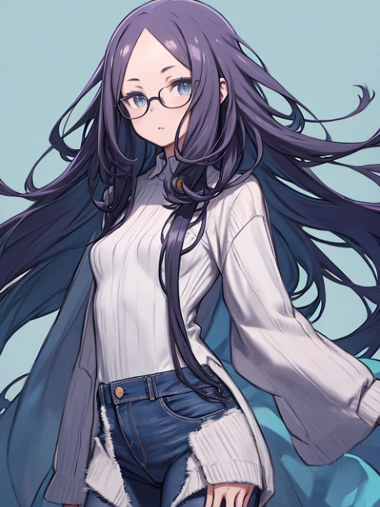 Woman with long hair and glasses, Her hair is messy and unkempt., young with long hair, extremely long forehead, Small Bearded, Curls on her head, With nerdy glasses, very long and unkempt hair, High Amount, In blue jeans and a blue shirt