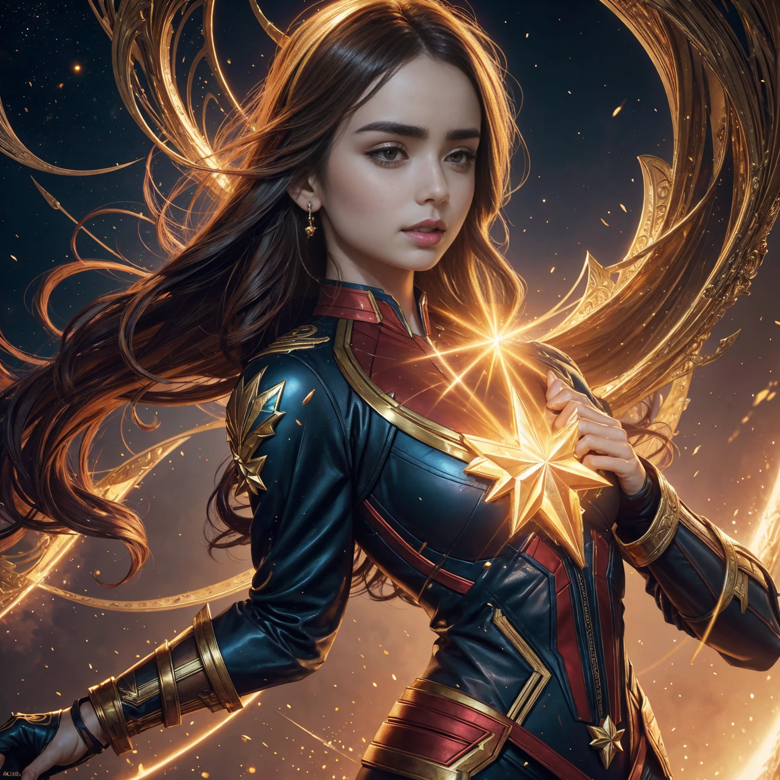 a LILY COLLINS in a captain marvel dress with a tiable and gold jewelry, karol bak uhd, 8k high quality detailed art, detailed fantasy art, 4k fantasy art, fantasy art style, beautiful alluring anime woman, detailed fantasy digital art, beautiful fantasy art, hd fantasy art, fantasy style art, 4 k detail fantasy, beautiful detailed fantasy