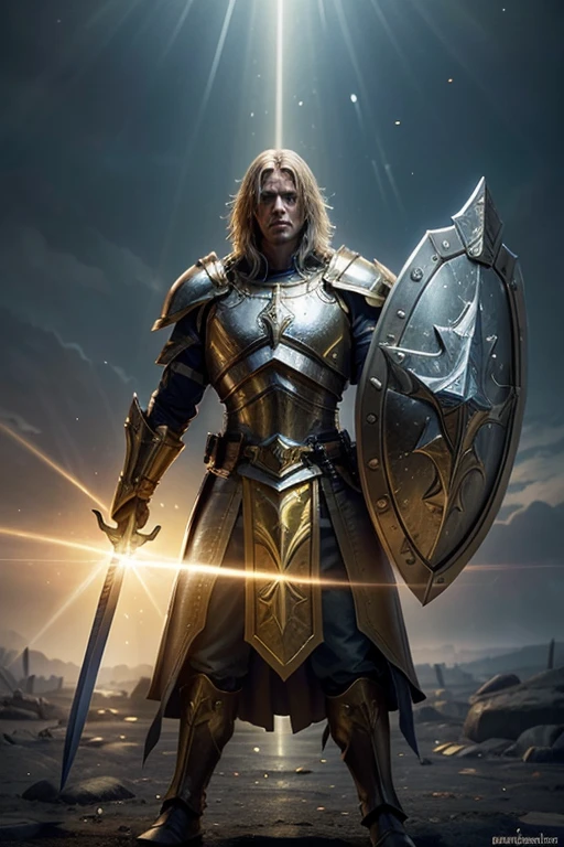 /imagine prompt: A valiant paladin warrior emanating bright yellow rays of light, wielding a large sword and holding a shield. The paladin stands heroically, clad in shining armor, with the background hinting at an epic battlefield. The light creates a divine aura around him, emphasizing his strength and righteousness. High detail, epic fantasy art style.

