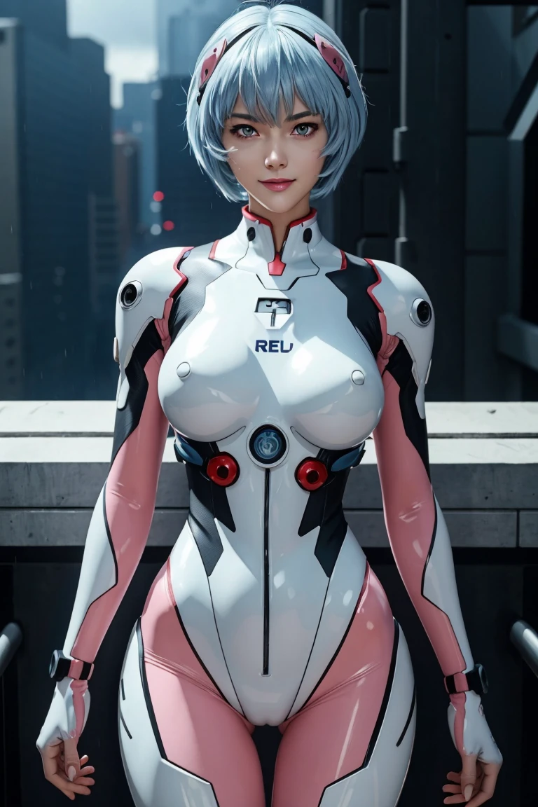 Evangelion,Rei Ayanami,Silver Blue Hair,Red eyes,Red Eyes,Plug Suit,Bodysuits,Interface Headset,白いBodysuits,Ultra HD,super high quality,masterpiece,Digital SLR,Photorealistic,Detailed details,Vivid details,Depicted in detail,A detailed face,Detailed details,Super Detail,Realistic skin texture,Anatomical basis,Perfect Anatomy,Anatomically correct hand,Anatomically correct fingers,Complex 3D rendering,Sexy pose,Rainy Sky,Beautiful scenery,Fantastic rainy sky,Picturesque,Pink Lips,smile,