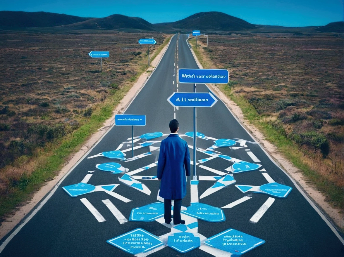 An image of a person standing at a crossroads with multiple signs pointing to different AI solutions, highlighting the need to find the right one. The text "Which AI Solution Solves Your Specific Problem?" is positioned at the top in bold blue letters. The background should be a modern, digital landscape with subtle blue accents.