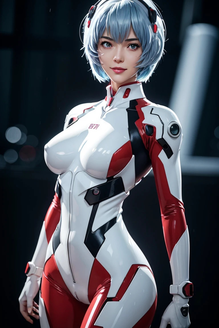 Evangelion,Rei Ayanami,Silver Blue Hair,Red eyes,Red Eyes,Plug Suit,Bodysuits,Interface Headset,白いBodysuits,Ultra HD,super high quality,masterpiece,Digital SLR,Photorealistic,Detailed details,Vivid details,Depicted in detail,A detailed face,Detailed details,Super Detail,Realistic skin texture,Anatomical basis,Perfect Anatomy,Anatomically correct hand,Anatomically correct fingers,Complex 3D rendering,Sexy pose,Rainy Sky,Beautiful scenery,Fantastic rainy sky,Picturesque,Pink Lips,smile,