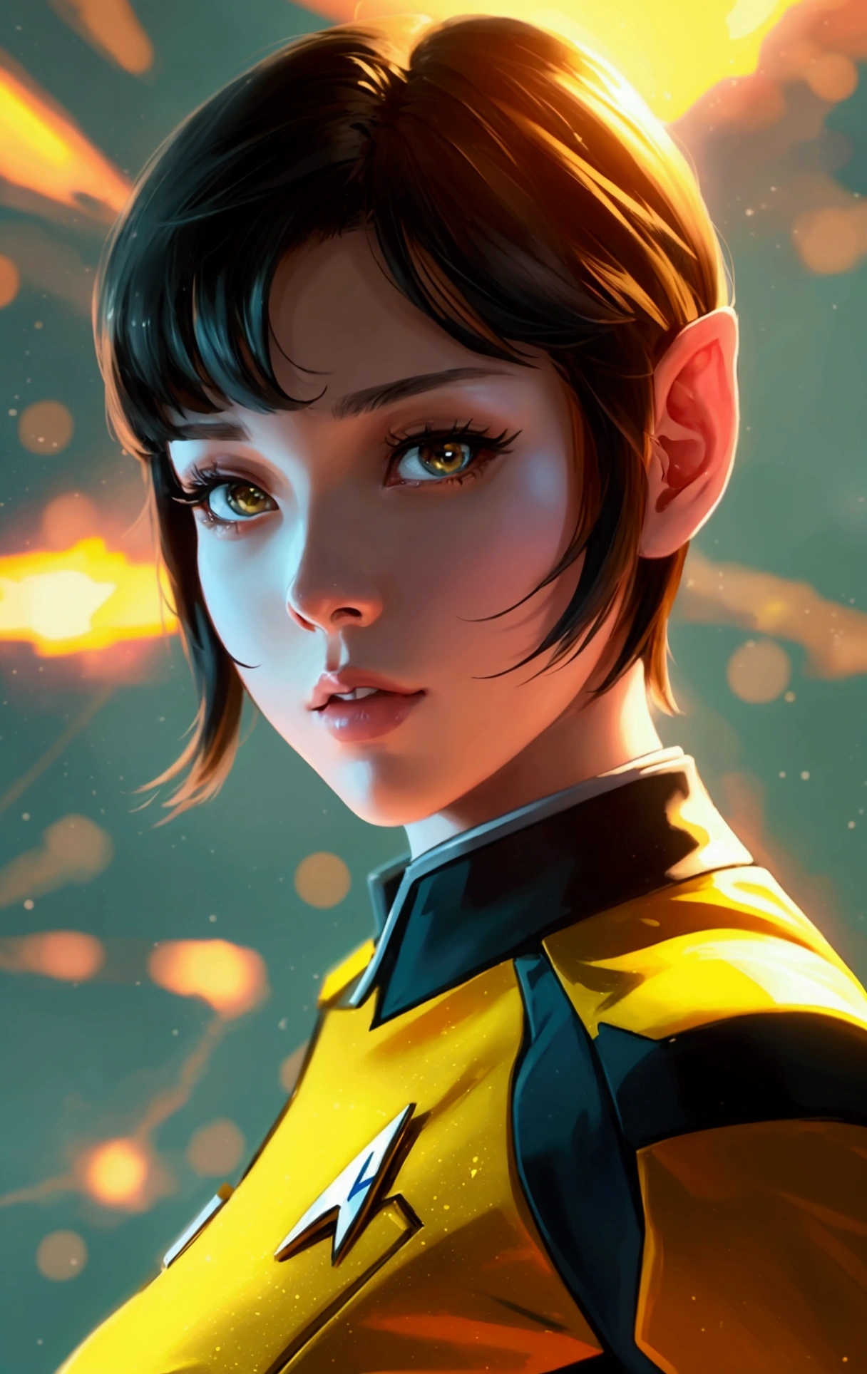 a starfleet officer, star trek officer, star trek yellow uniform, a girl with short hair in a stafleet uniform, anime style, materpiece, hyper detailed masterpiece, incredible lightning, spatial background