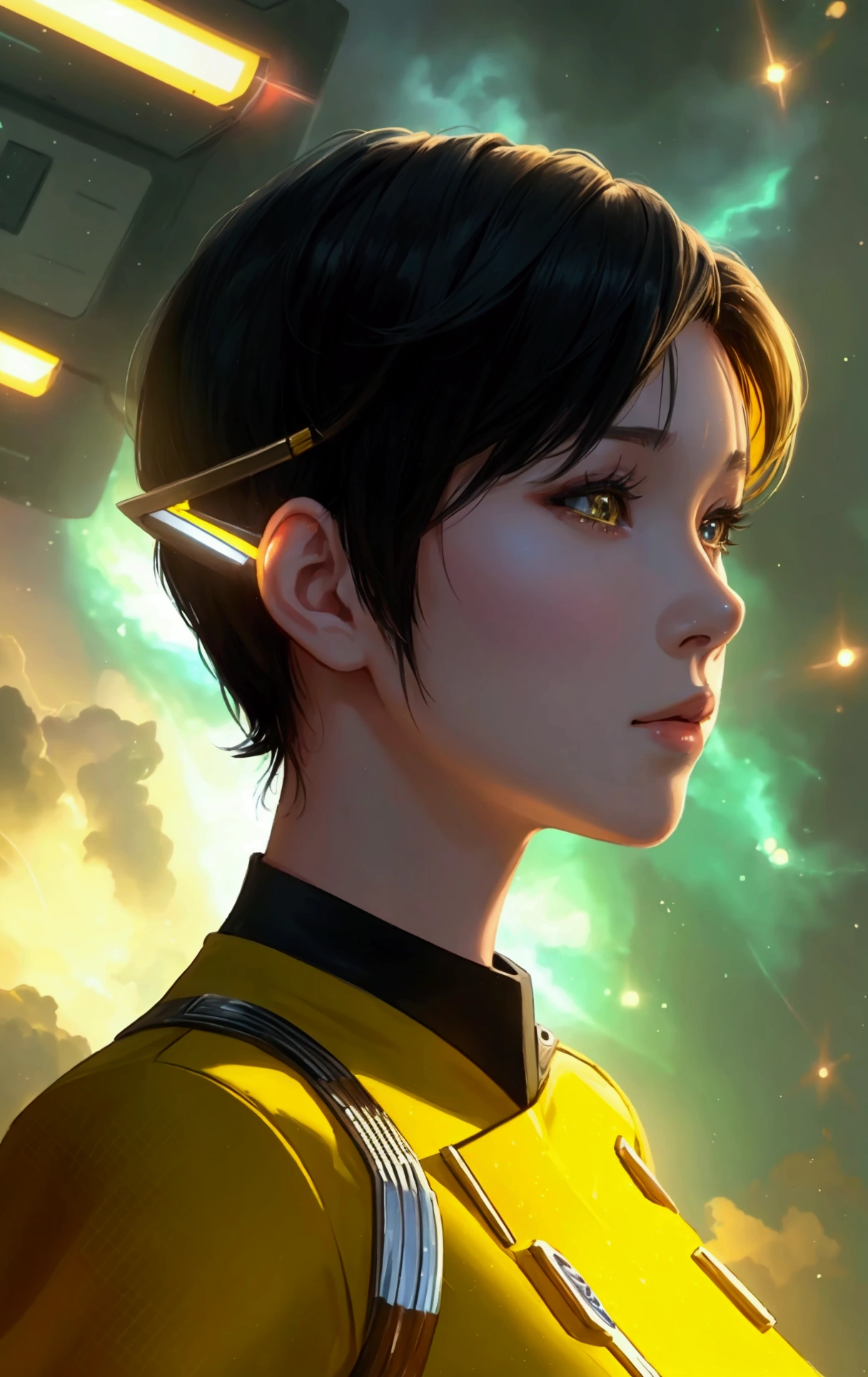 a starfleet officer, star trek officer, star trek yellow uniform, a girl with short hair in a stafleet uniform, anime style, materpiece, hyper detailed masterpiece, incredible lightning, spatial background