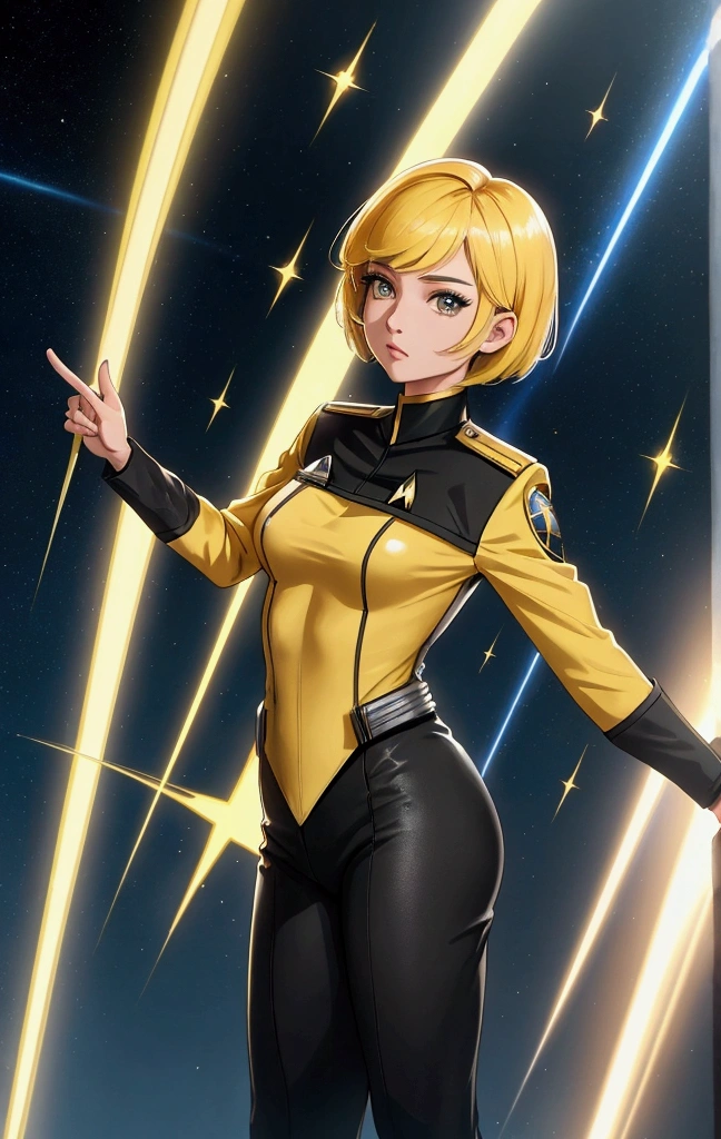 a starfleet officer, star trek officer, star trek yellow uniform, a girl with short hair in a stafleet uniform, anime style, materpiece, hyper detailed masterpiece, incredible lightning, spatial background