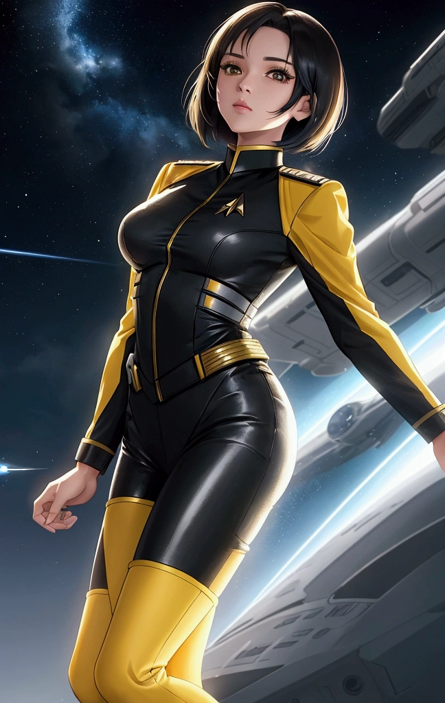 a starfleet officer, star trek officer, star trek yellow uniform, a girl with short hair in a stafleet uniform, anime style, materpiece, hyper detailed masterpiece, incredible lightning, spatial background