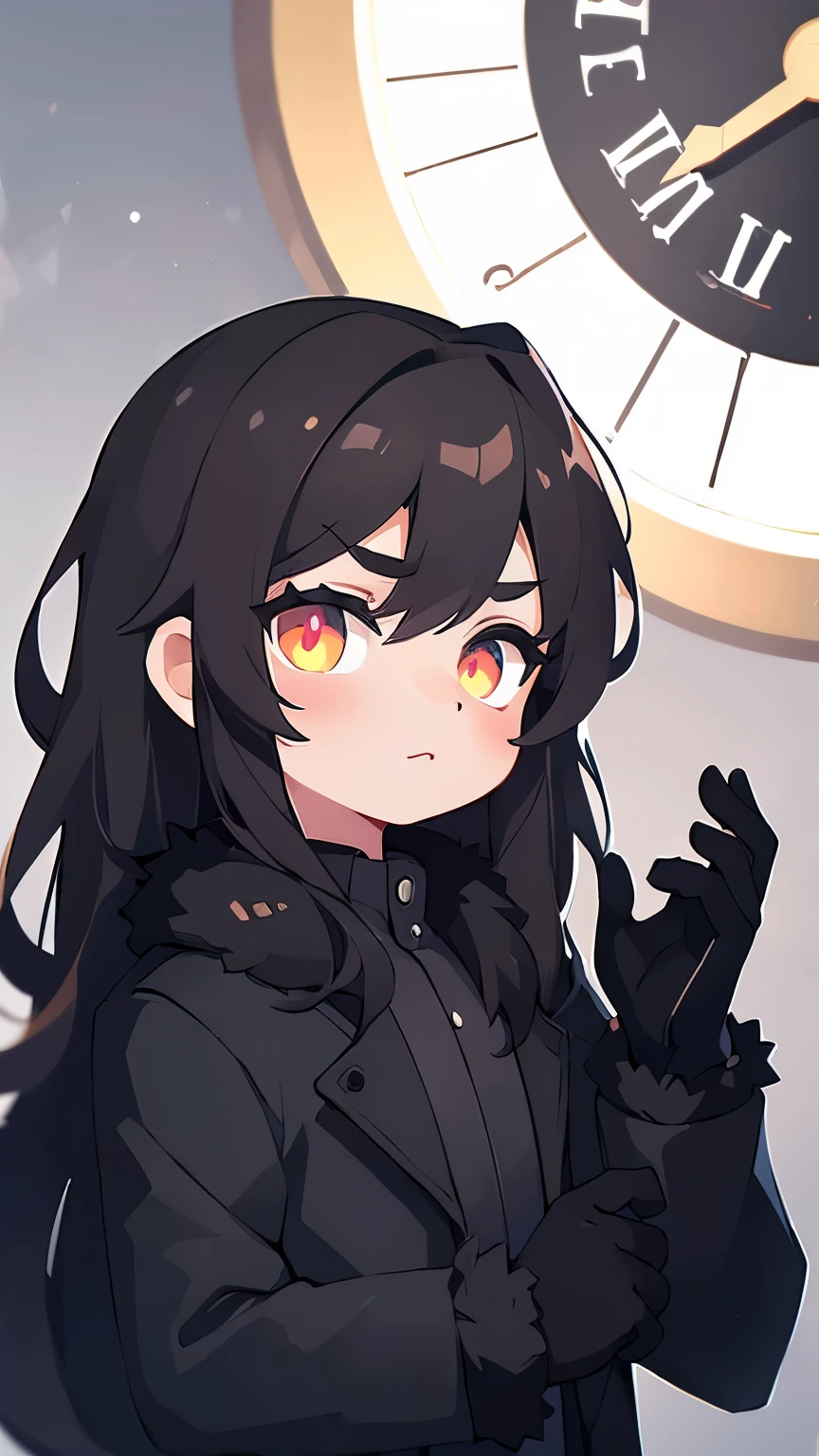 (detailed:1.5), (best quality:1.5), boy, dark hair, long hair, (steel eyes), black coat with fur, black gloves, clock background