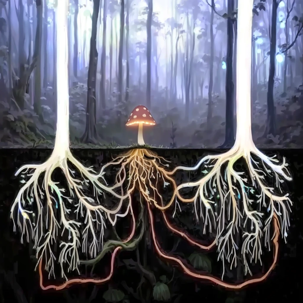 there are two trees with their roots growing out of them, root system, covered with roots, Mushrooms grow from the body, plant roots, tree roots, roots dangling below, fungal growth, micélio, roots, with arteries as roots, roots underwater, simple and strange fungus and tendrils, butress tree roots, root, fungi, rooted lineage, magic mushroom, fluorescent mushroom, illuminated mushroom, mushroom with lights, fireflies in the forest at night, fullmoon. 