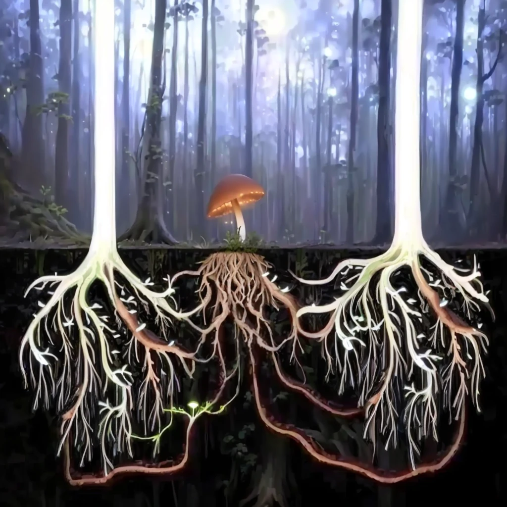 there are two trees with their roots growing out of them, root system, covered with roots, Mushrooms grow from the body, plant roots, tree roots, roots dangling below, fungal growth, micélio, roots, with arteries as roots, roots underwater, simple and strange fungus and tendrils, butress tree roots, root, fungi, rooted lineage, magic mushroom, fluorescent mushroom, illuminated mushroom, mushroom with lights, fireflies in the forest at night, fullmoon.
