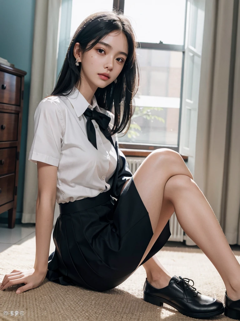absurdres, RAW photo, extremely delicate and beautiful, masterpiece, Best Quality, ultra high resolution, 32k, hyperrealistic, ultra-detailed, perfect figure, in her 20s, very small head, very small face, delicate facial features, tearful mole, earring, huge breasts, legs, full body shot, medium hair, black hair, colored inner hair, sweat, school_uniform,