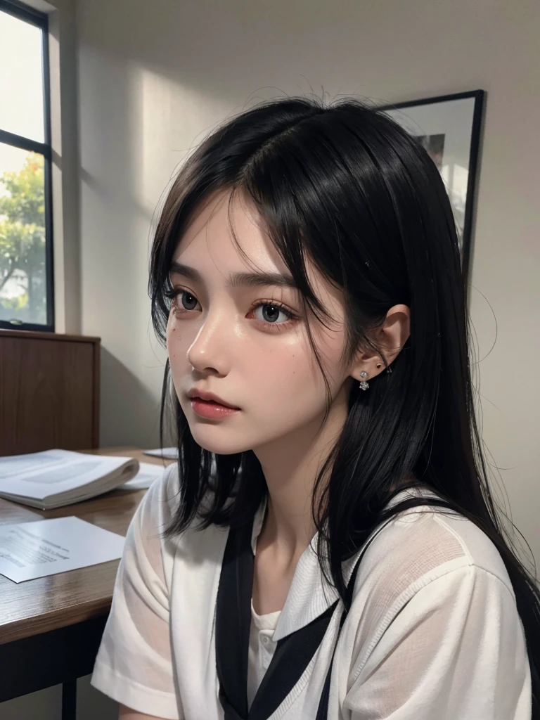 absurdres, RAW photo, extremely delicate and beautiful, masterpiece, Best Quality, ultra high resolution, 32k, hyperrealistic, ultra-detailed, perfect figure, in her 20s, very small head, very small face, delicate facial features, tearful mole, earring, huge breasts, legs, full body shot, medium hair, black hair, colored inner hair, sweat, school_uniform,