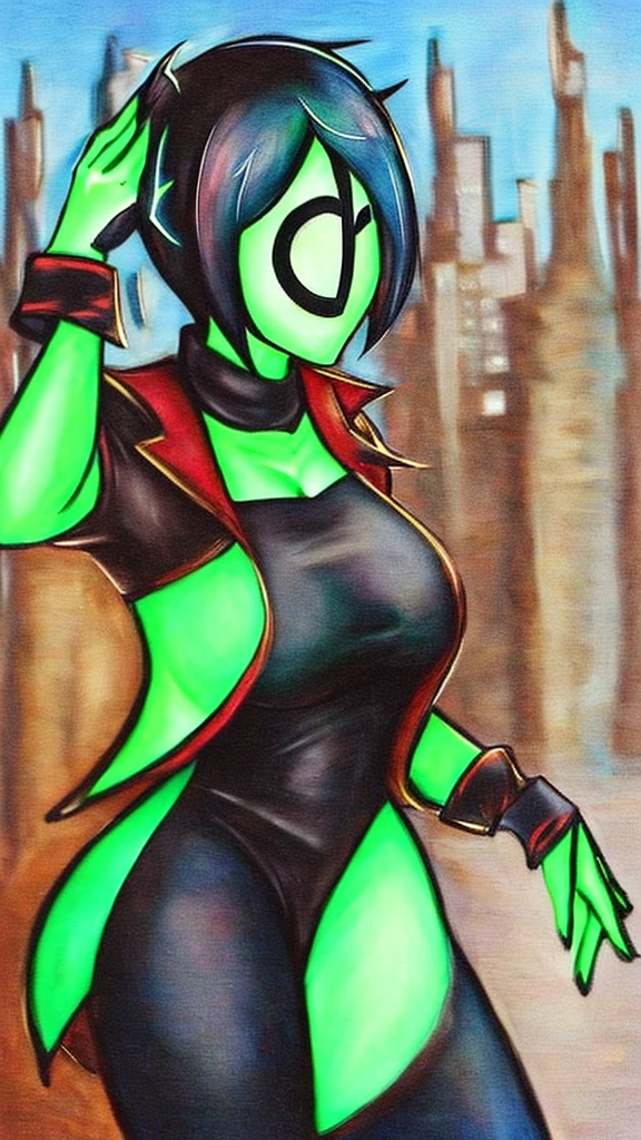 masterpiece, best quality, 1girl, black hair, blue eyes, green lantern costume, white gloves, cityscape background 