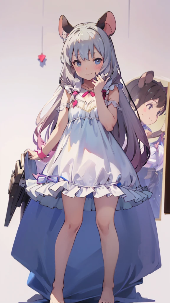 ((masterpiece))((Highest quality))Mouse Ears、girl、smile、blush、Flat Chest、Are thin、、low length、Gray Hair、blush、Are standing、Whole body image、Even your toes are visible、Eye level on face、front、No background、Mouse pose、真frontのアングル、