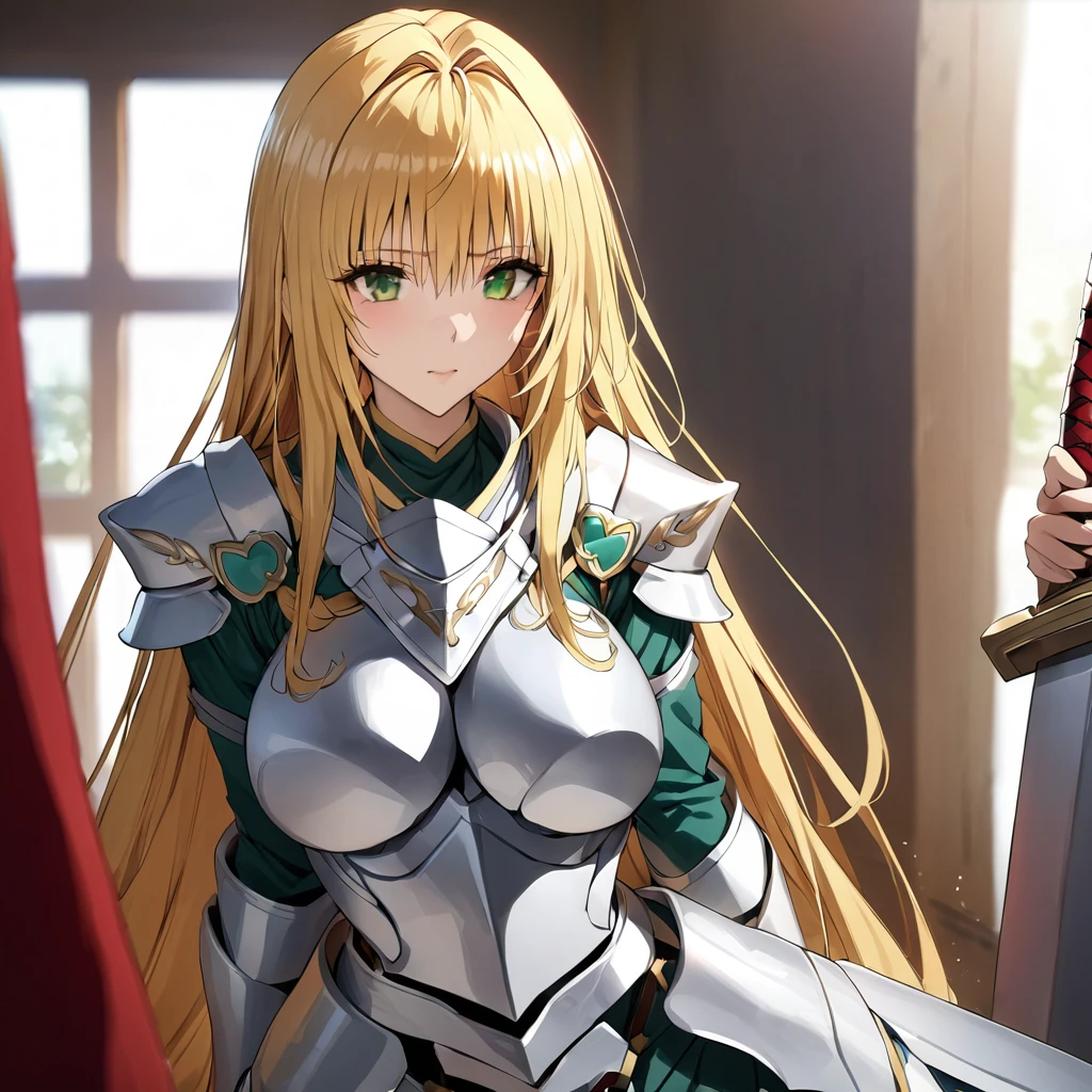 ((Highest quality)), ((masterpiece)), (detailed), （Perfect Face）、The woman is Tiare, a female knight with green eyes, medium-long blonde hair, wearing armor and holding a sword.