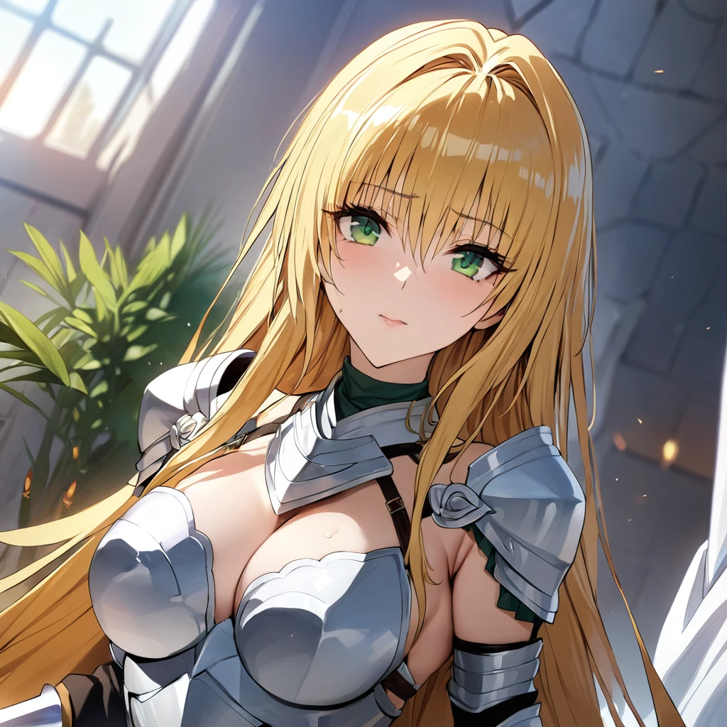 ((Highest quality)), ((masterpiece)), (detailed), （Perfect Face）、The woman is Tiare, a female knight with green eyes, medium-long blonde hair, wearing armor and holding a sword.