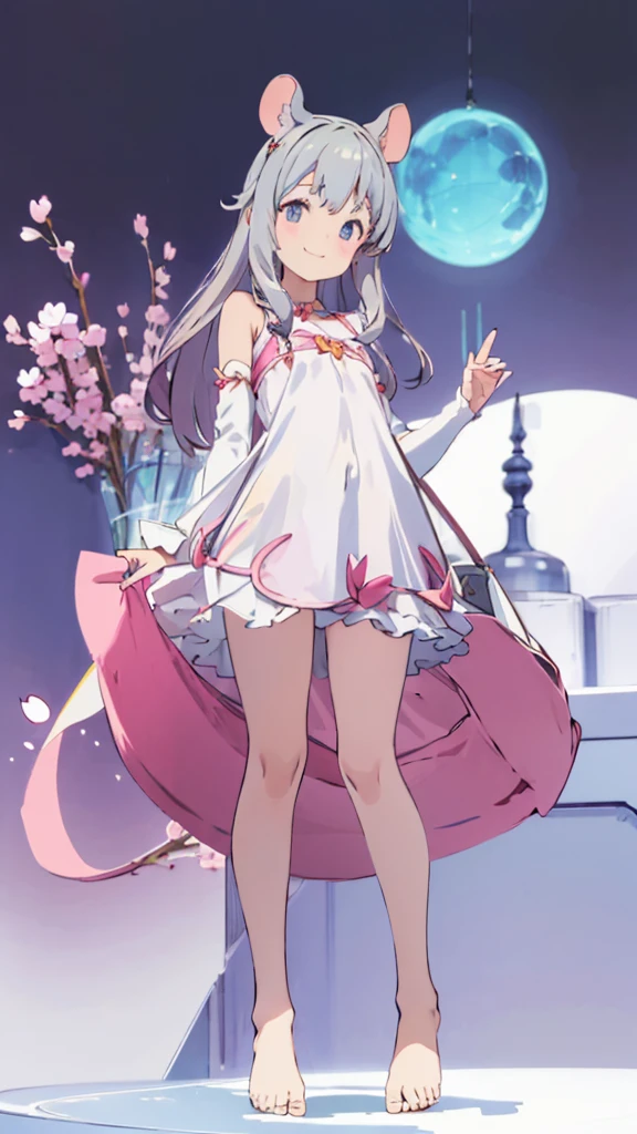 ((masterpiece))((Highest quality))Mouse Ears、girl、smile、blush、Flat Chest、Are thin、、low length、Gray Hair、blush、Are standing、Whole body image、Even your toes are visible、Eye level on face、front、No background、Mouse pose、真frontのアングル、