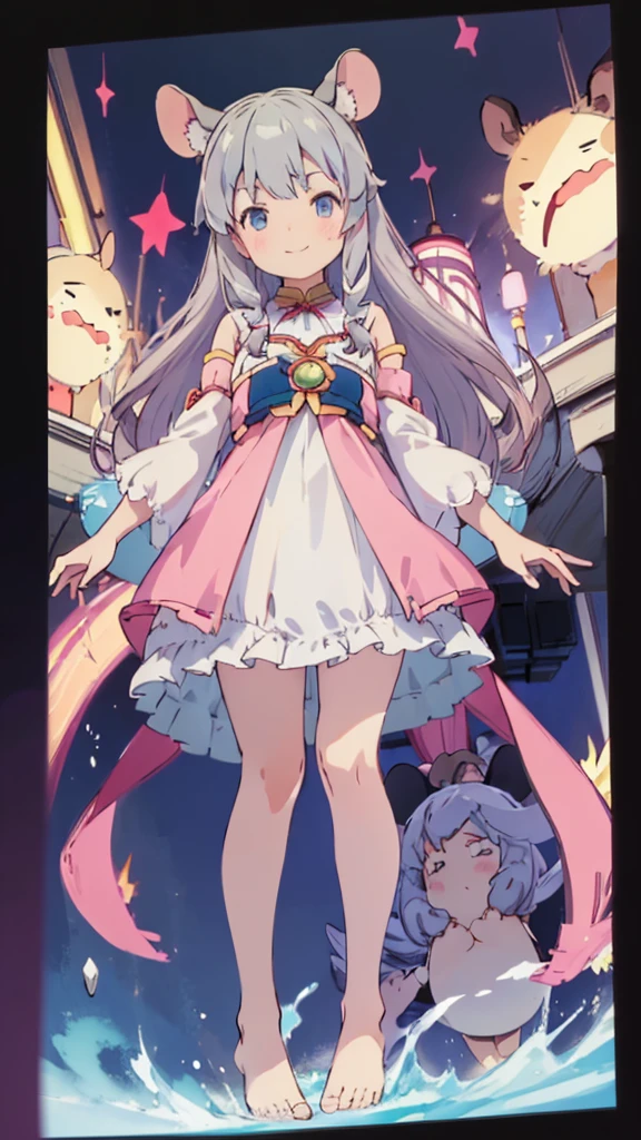 ((masterpiece))((Highest quality))Mouse Ears、girl、smile、blush、Flat Chest、Are thin、、low length、Gray Hair、blush、Are standing、Whole body image、Even your toes are visible、Eye level on face、front、No background、Mouse pose、真frontのアングル、