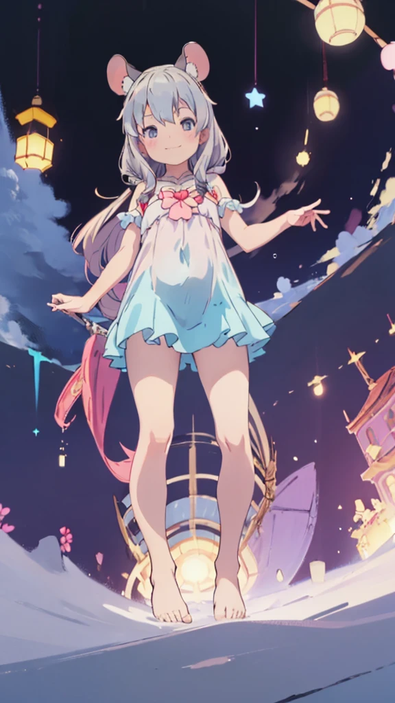 ((masterpiece))((Highest quality))Mouse Ears、girl、smile、blush、Flat Chest、Are thin、、low length、Gray Hair、blush、Are standing、Whole body image、Even your toes are visible、Eye level on face、front、No background、Mouse pose、真frontのアングル、