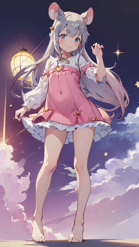 ((masterpiece))((Highest quality))Mouse Ears、girl、smile、blush、Flat Chest、Are thin、、low length、Gray Hair、blush、Are standing、Whole body image、Even your toes are visible、Eye level on face、front、No background、Mouse pose、真frontのアングル、