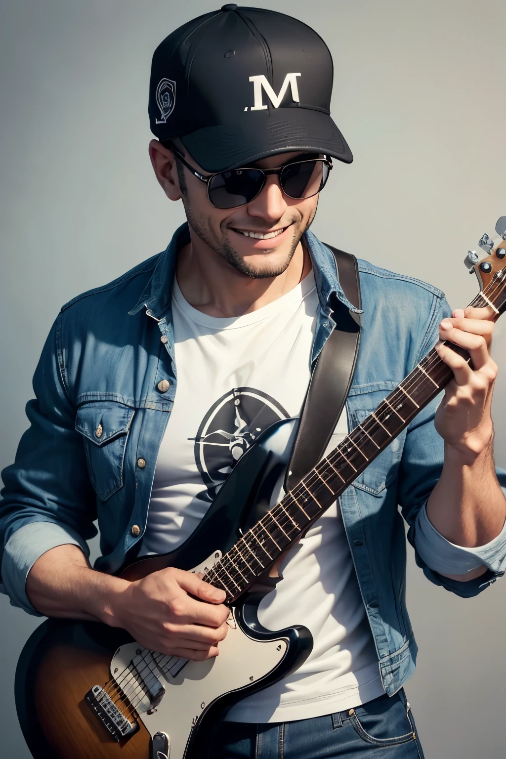 40 year old man with the attitude of a 24 year old young man wearing sunglasses a black fedor hat and having friendly facial expressions (like a smile) and that he has a relaxed posture that he has a guitar next to him. who wears an open jean jacket and a black polo shirt with the word M, IN, S, and the T in that order in it white on the shirt and on the hat.