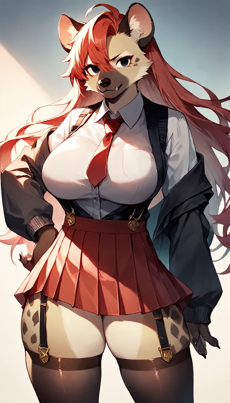 score_9, score_8_up, score_7_up, score_6_up, score_5_up, score_4_up, (solo), female anthro hyena, pleated skirt, red skirt, thighhighs, loafers, long sleeves, , red necktie, zettai ryouiki, suspenders, black vest, y, fluffy body, long blond hair, black eyes, (thick thighs:1.5)((( offering the brea ( she is standing) (barely_visible_booba) , gibreasts,