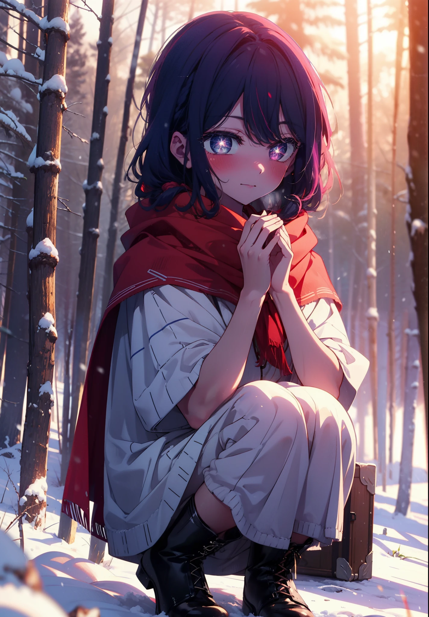 aihoshino, Ai Hoshino, Long Hair, bangs, (Purple eyes:1.1), Purple Hair, (Symbol-shaped pupil:1.5), smile,,smile,blush,White Breath,
Open your mouth,snow,Ground bonfire, Outdoor, boots, snowing, From the side, wood, suitcase, Cape, Blurred, , forest, White handbag, nature, Squat, Mouth closed, Cape, winter, Written boundary depth, Black shoes, red Cape break looking at viewer, Upper Body, whole body, break Outdoor, forest, nature, break (masterpiece:1.2), Highest quality, High resolution, unity 8k wallpaper, (shape:0.8), (Beautiful and beautiful eyes:1.6), Highly detailed face, Perfect lighting, Extremely detailed CG, (Perfect hands, Perfect Anatomy),