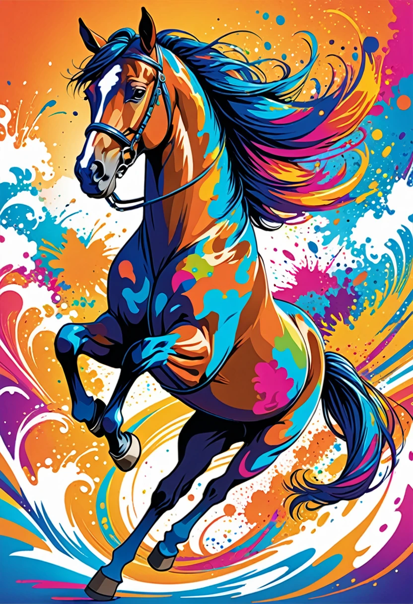 vectorial art, Colorful illustration with a riding horse, At the center, swirly vibrant colors, paint splashes and smears, high détail,Hawaii style background.