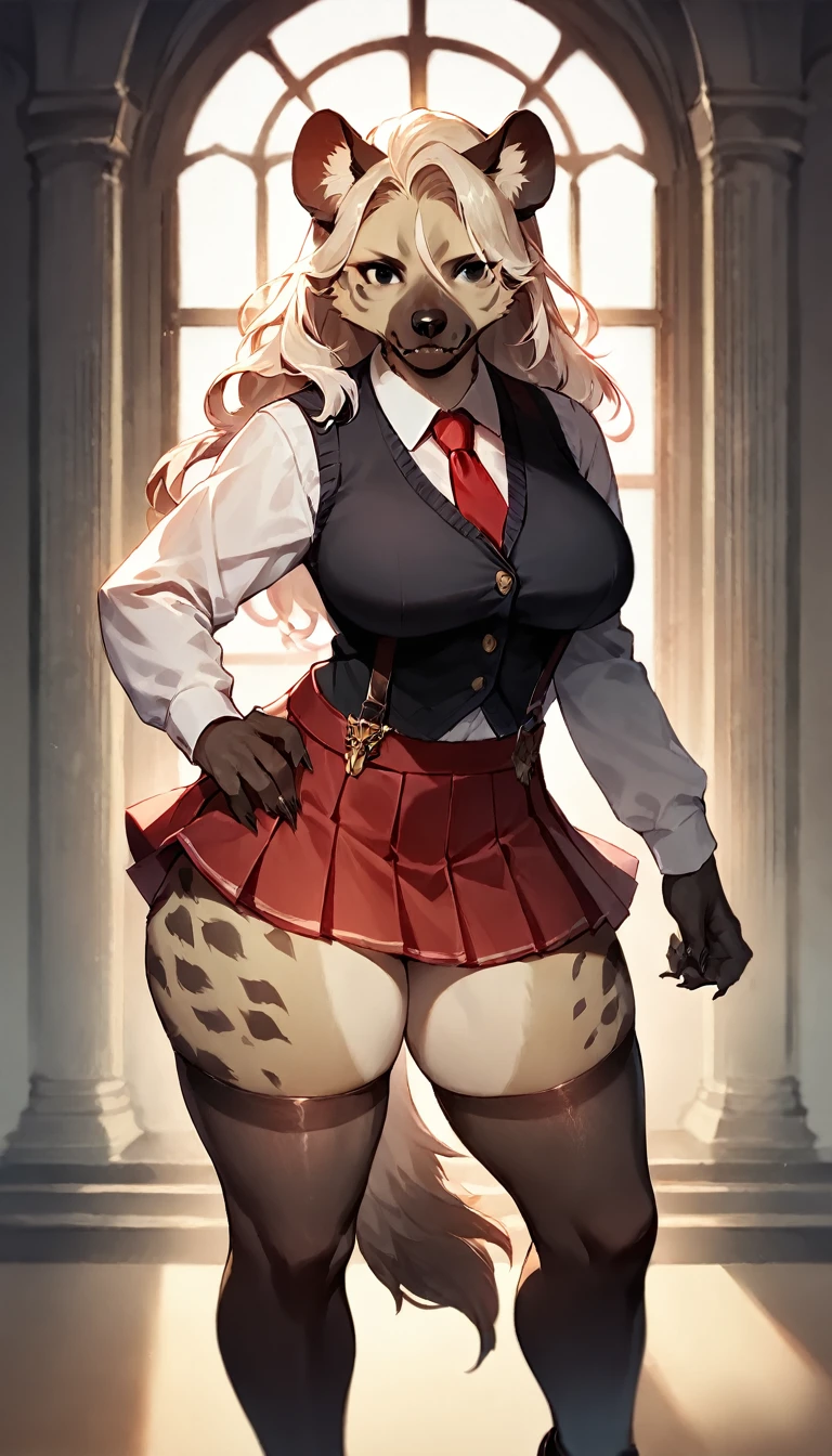 score_9, score_8_up, score_7_up, score_6_up, score_5_up, score_4_up, (solo), female anthro hyena, pleated skirt, red skirt, thighhighs, loafers, long sleeves, , red necktie, zettai ryouiki, suspenders, black vest, lusty, fluffy body, long blond hair, black eyes, (thick thighs:1.5)((( offering the breasts))) ( she is standing) (barely_visible_booba) , giant breasts, bible_black