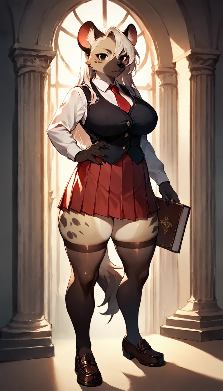 score_9, score_8_up, score_7_up, score_6_up, score_5_up, score_4_up, (solo), female anthro hyena, pleated skirt, red skirt, thighhighs, loafers, long sleeves, , red necktie, zettai ryouiki, suspenders, black vest, lusty, fluffy body, long blond hair, black eyes, (thick thighs:1.5)((( offering the breasts))) ( she is standing) (barely_visible_booba) , giant breasts, bible_black