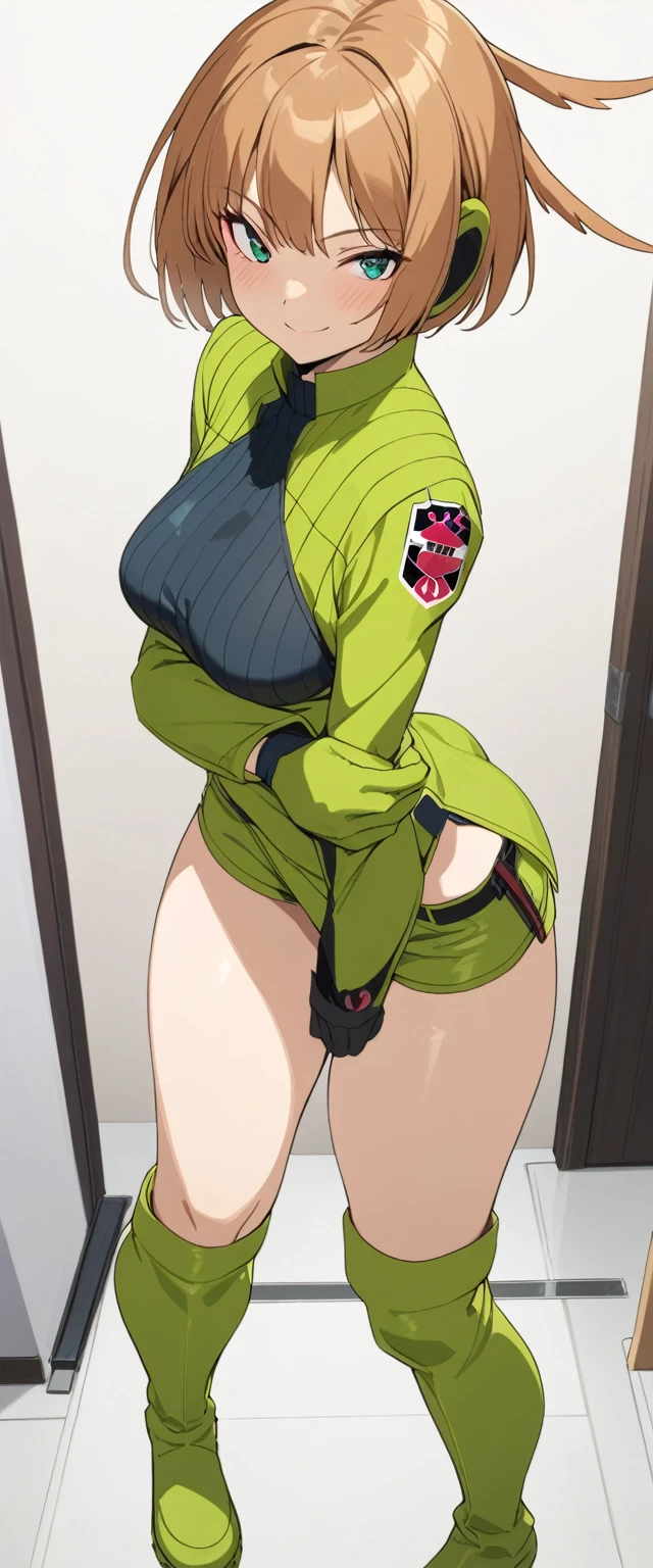 Konami,One girl,smile, View your viewers, Green jacket, gloves, Green micro shorts,Green knee-high boots footwear, masterpiece,Highest quality,