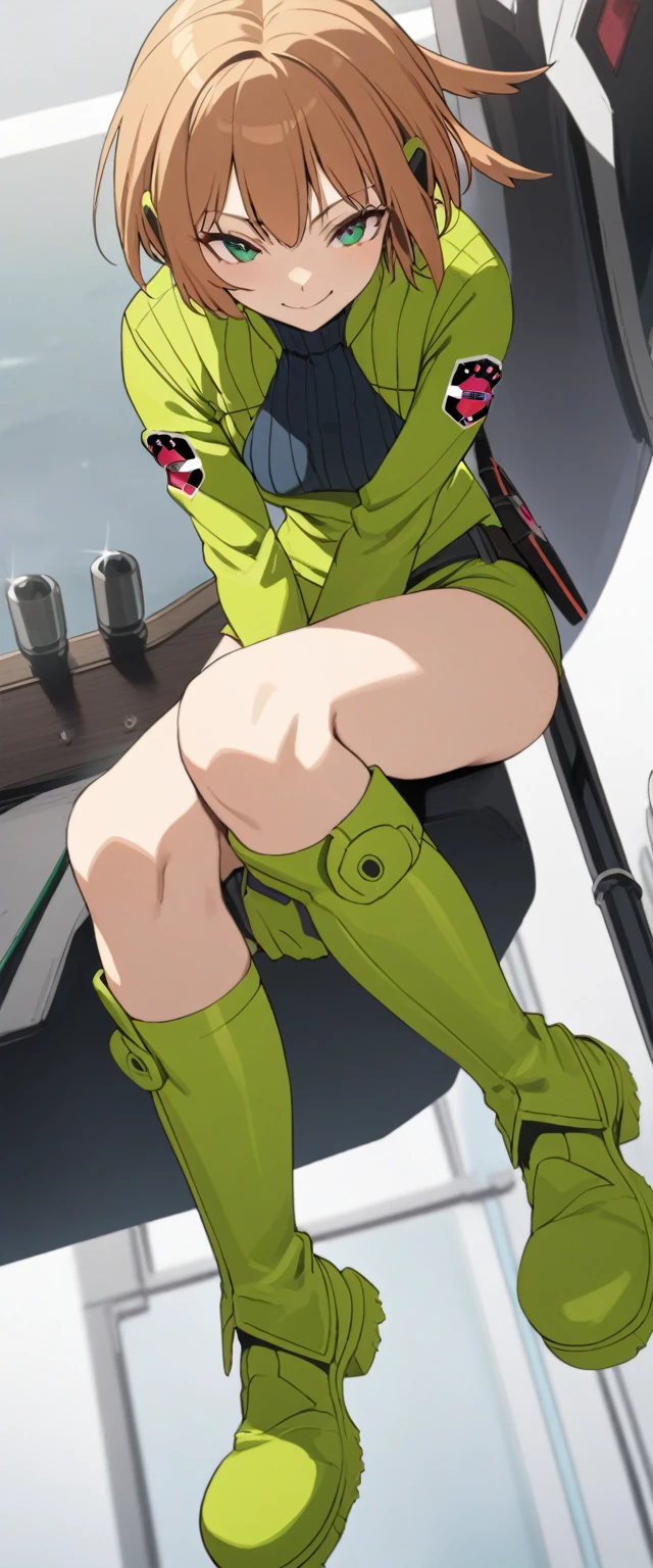 Konami,One girl,smile, View your viewers, Green jacket, gloves, Green micro shorts,Green knee-high boots footwear, masterpiece,Highest quality,