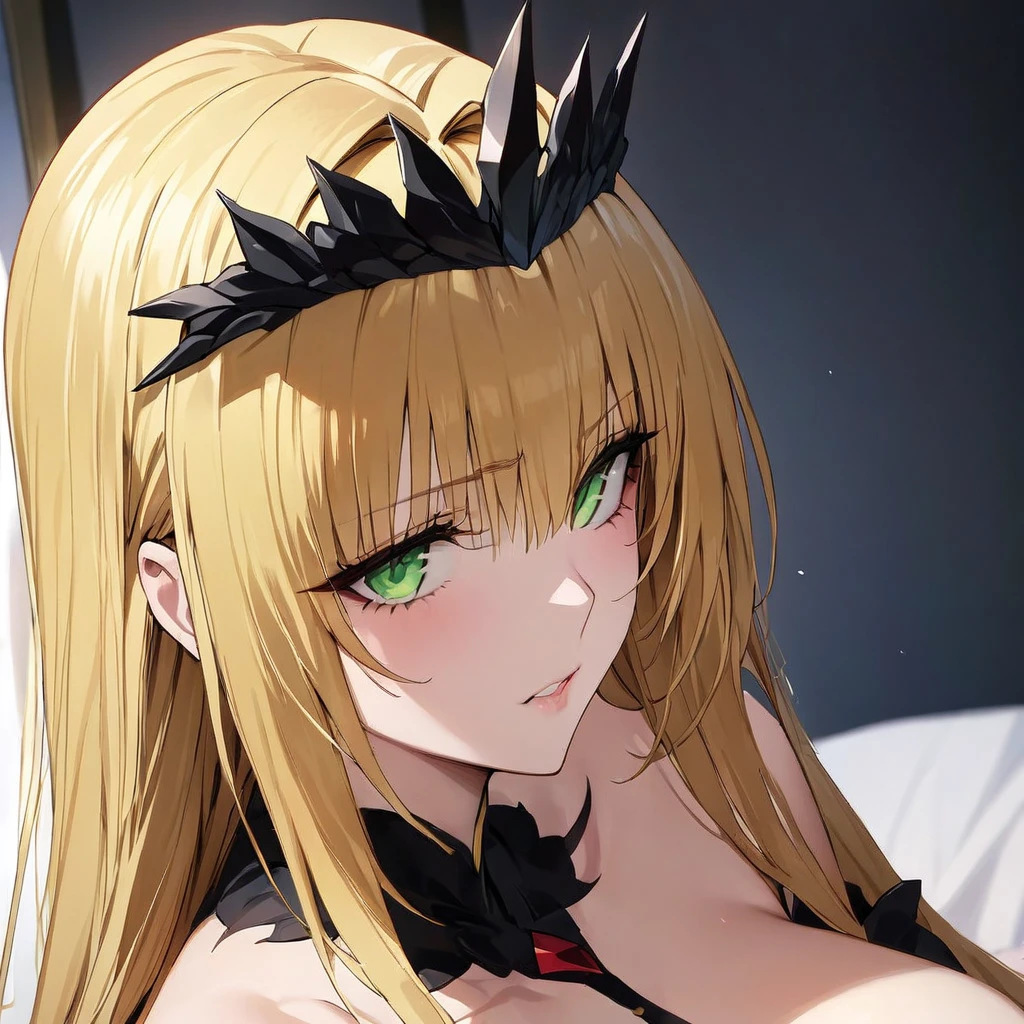 ((Highest quality)), ((masterpiece)), (detailed), （Perfect Face）、The woman is Tiare, a green-eyed, blonde, medium-length-haired woman who is the Queen of Darkness.