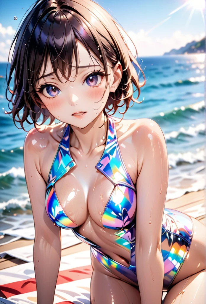 ((swimsuit costume)), holographic fabric, skindentation, skinny, solo, 1 woman, Masterpiece, highest quality, highest quality, 16K, incredibly absurd, highly detailed, 2.5D, ai-generated, delicate and dynamic, very delicate facial expressions, delicate eye depiction, , only sexy wn, ((A cute and kind face)), healthy figure, 25-year-old woman, bride, 160cm tall, medium firm swaying bust, (dark hair), black eye, blush, Sweat,Embarrassed,sexy, ((t thighs)), (Erect nipple), ((sd lustrous)), facing straiat viewer, ((brown black skin)), ((Oily_skin)), sweaty skin, wet skin, (suntan), dutch angle, ((sexy pose)), Dynamic poses, ummer Sea)), Strong sunlight, ((Lying)), ((On the open sea)),