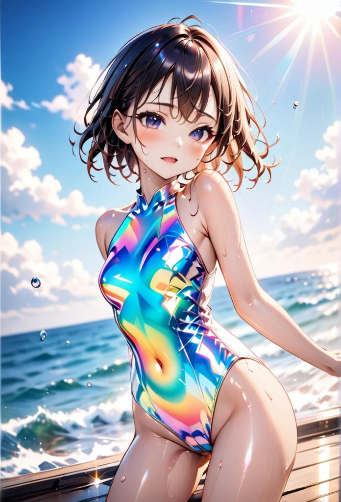 ((swimsuit costume)), holographic fabric, skindentation, skinny, solo, 1 woman, Masterpiece, highest quality, highest quality, 16K, incredibly absurd, highly detailed, 2.5D, ai-generated, delicate and dynamic, very delicate facial expressions, delicate eye depiction, erotic, only sexy woman, ((A cute and kind face)), healthy figure, 25-year-old woman, bride, 160cm tall, medium firm swaying bust, (dark hair), black eye, blush, Sweat,Embarrassed,sexy, ((thin thighs)), (Erect nipples:0.7), ((shiny and lustrous)), facing straight at viewer, ((brown black skin)), ((Oily_skin)), sweaty skin, wet skin, (suntan), dutch angle, ((sexy pose)), Dynamic poses, ((Summer Sea)), Strong sunlight, ((Lying)), ((On the open sea)),