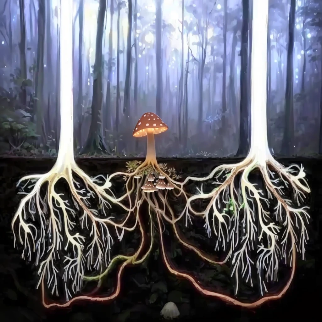 there are two trees with their roots growing out of them, root system, covered with roots, Mushrooms grow from the body, plant roots, tree roots, roots dangling below, fungal growth, micélio, roots, with arteries as roots, roots underwater, simple and strange fungus and tendrils, butress tree roots, root, fungi, rooted lineage, magic mushroom, fluorescent mushroom, illuminated mushroom, mushroom with lights, fireflies in the forest at night, fullmoon.