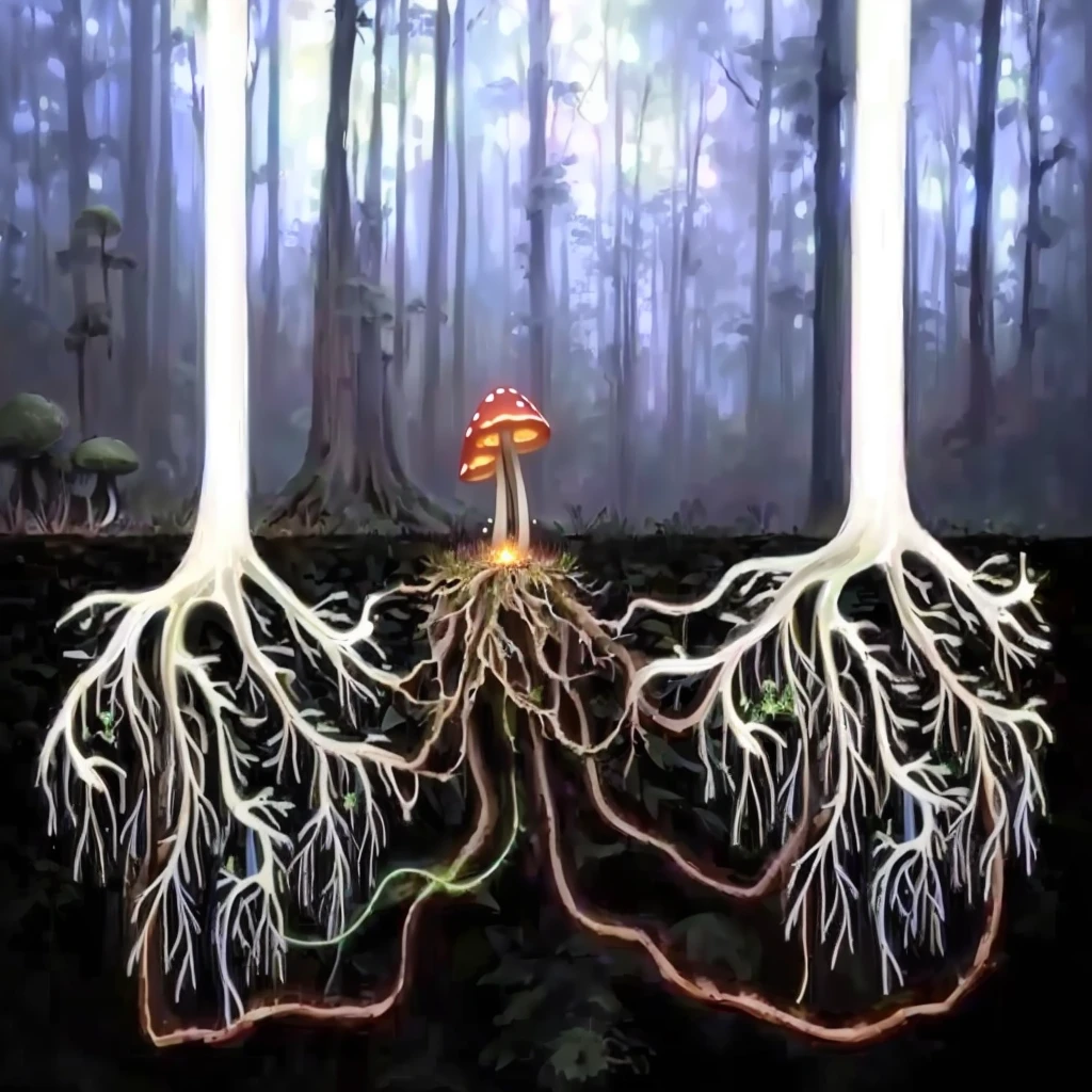 there are two trees with their roots growing out of them, root system, covered with roots, Mushrooms grow from the body, plant roots, tree roots, roots dangling below, fungal growth, micélio, roots, with arteries as roots, roots underwater, simple and strange fungus and tendrils, butress tree roots, root, fungi, rooted lineage, magic mushroom, fluorescent mushroom, illuminated mushroom, mushroom with lights, fireflies in the forest at night, fullmoon.