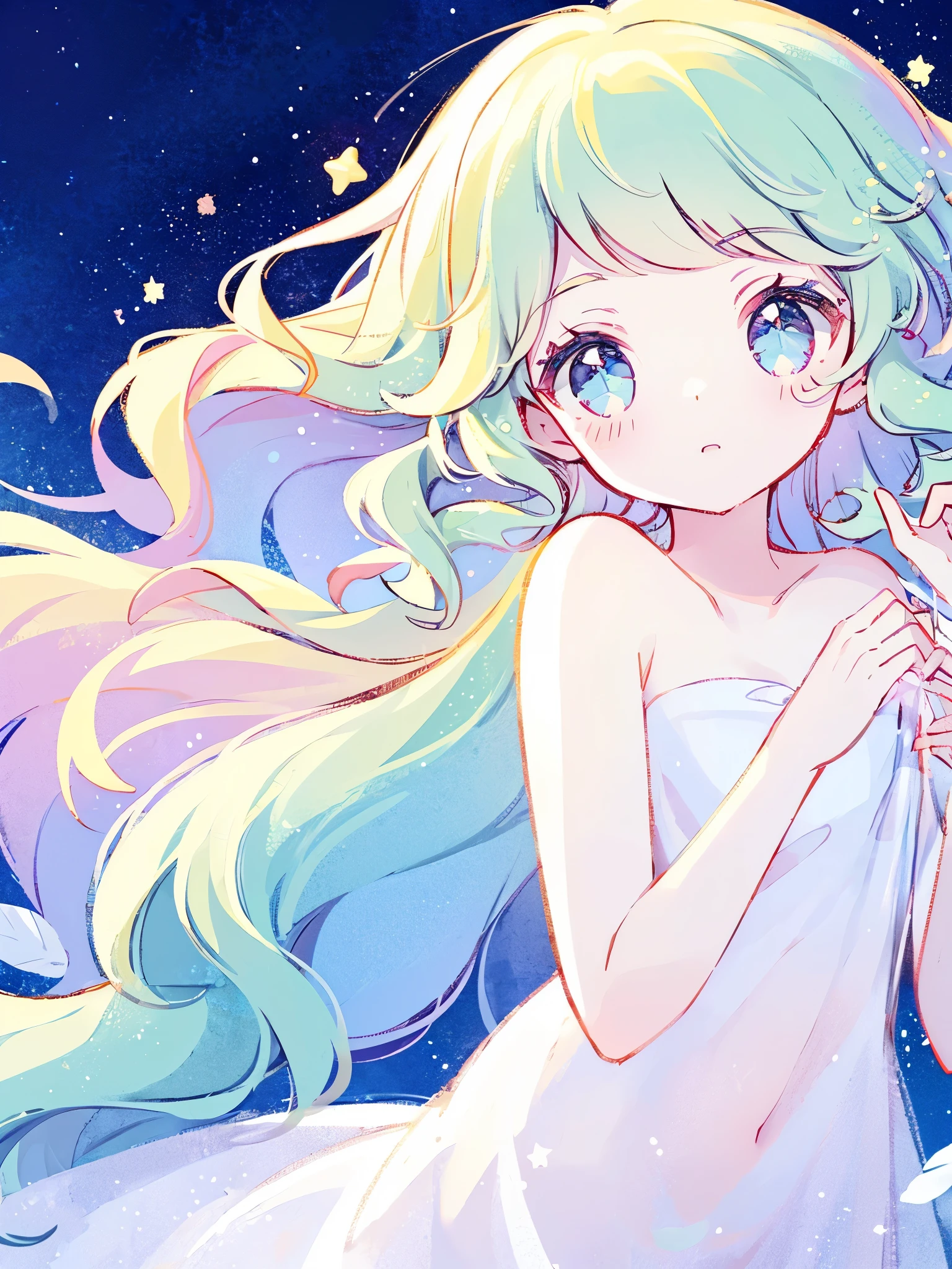 nude angel girl wearing an ethereal translucent dress, pale skin, ((blue mint wavy hair)), white feathers, angel wings, sparkling detailed eyes, golden ratio face, perfect composition, highly detailed, ethereal, (starry night sky background), midjourney style